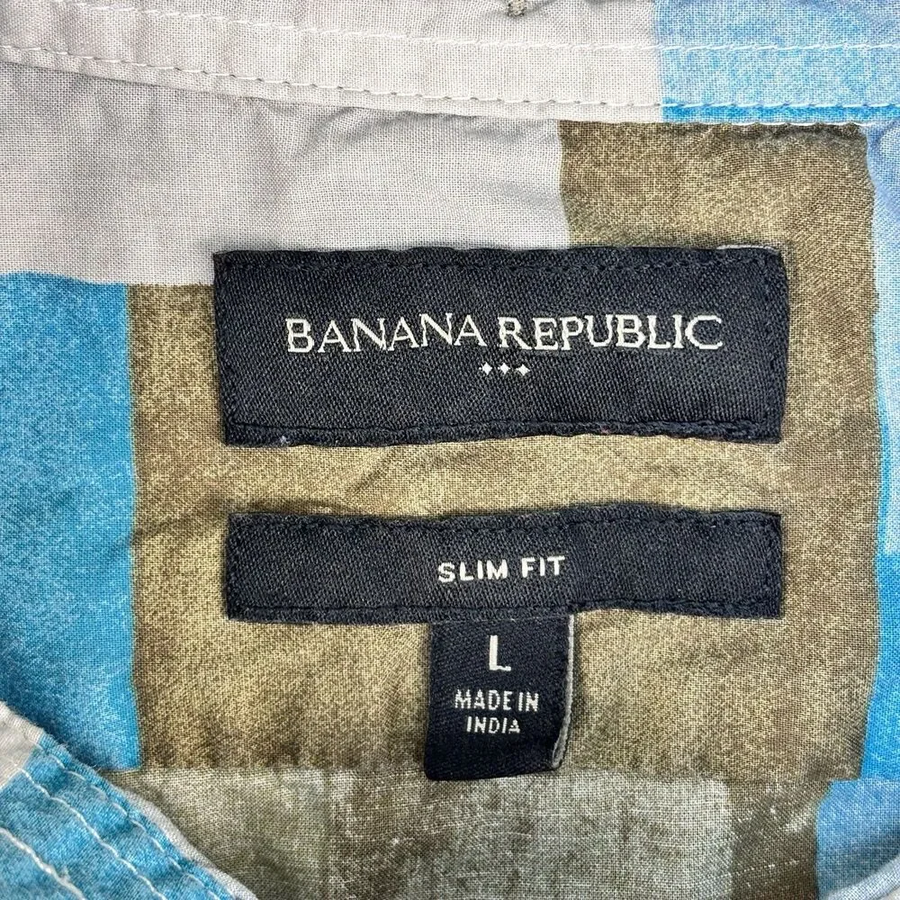Banana Republic Shirt L Slim Fit Geometric Blocks Blue Green Brown